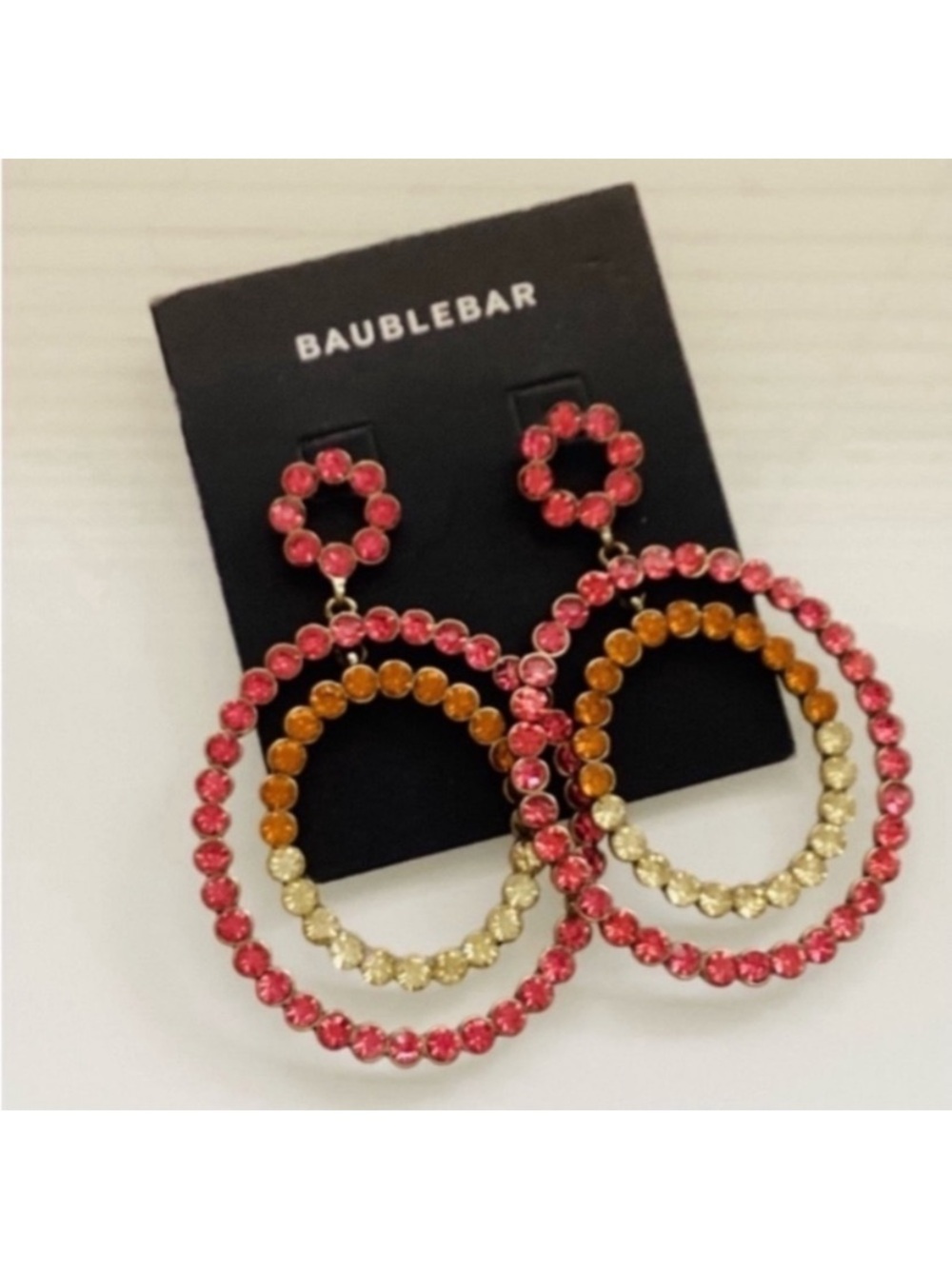 BaubleBar Pink, Amber & Gold Triple Hoop Crystal Drop Earrings